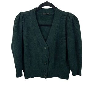 Sisley XS Forest Green Wool Alpaca Blend Knit V-Neck Cardigan Puffed Shoulders